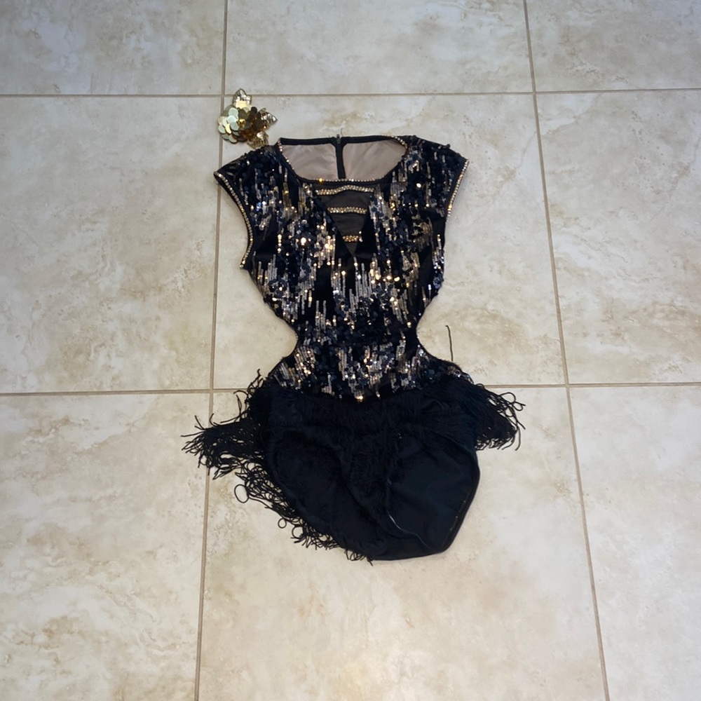 Girls Black Velvet and Sequin Fringe Dance Costume